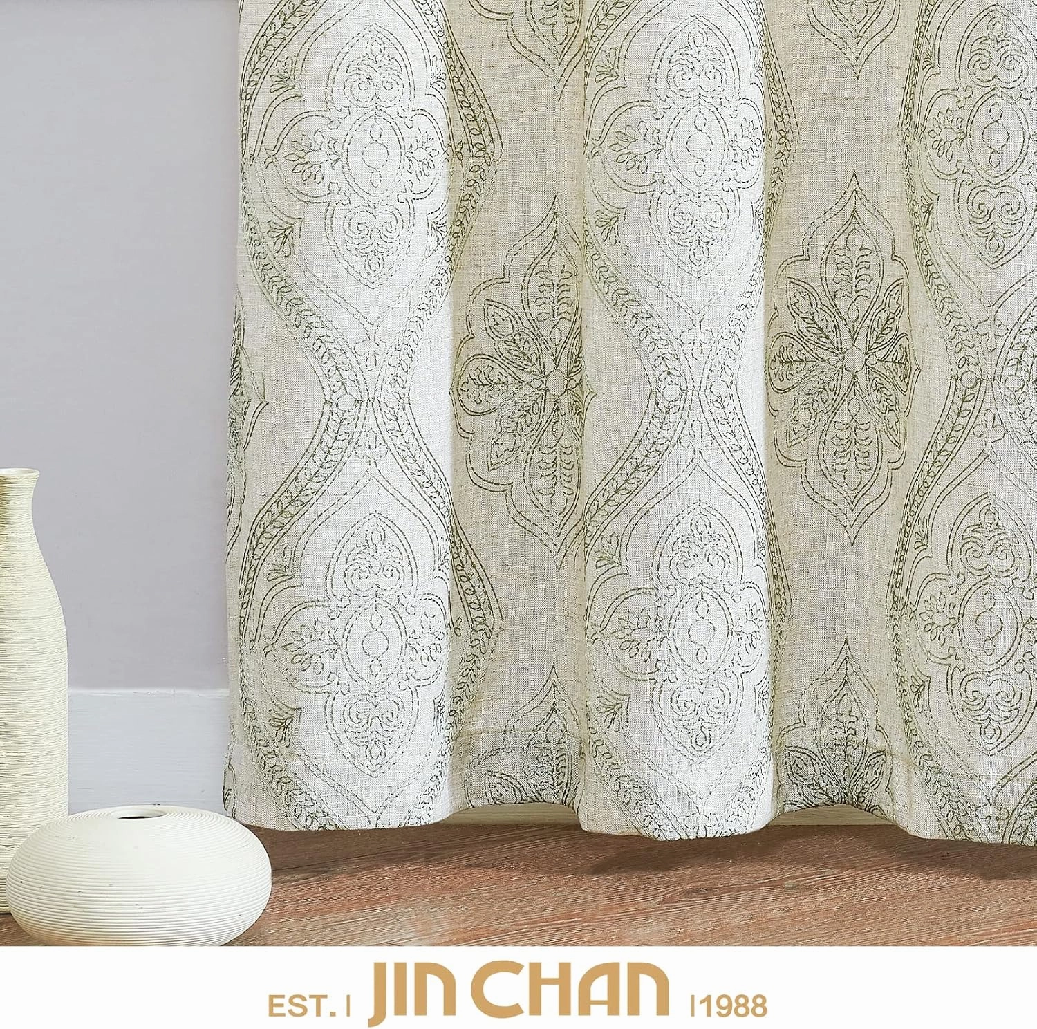 jinchan Boho Linen Curtains for Living Room Embroidered Design Window Curtains Light Filtering Flax Linen Blend Window Treatments Set for Bedroom Grommet Top 2 Panels 84 Inch Length Green on Ecru