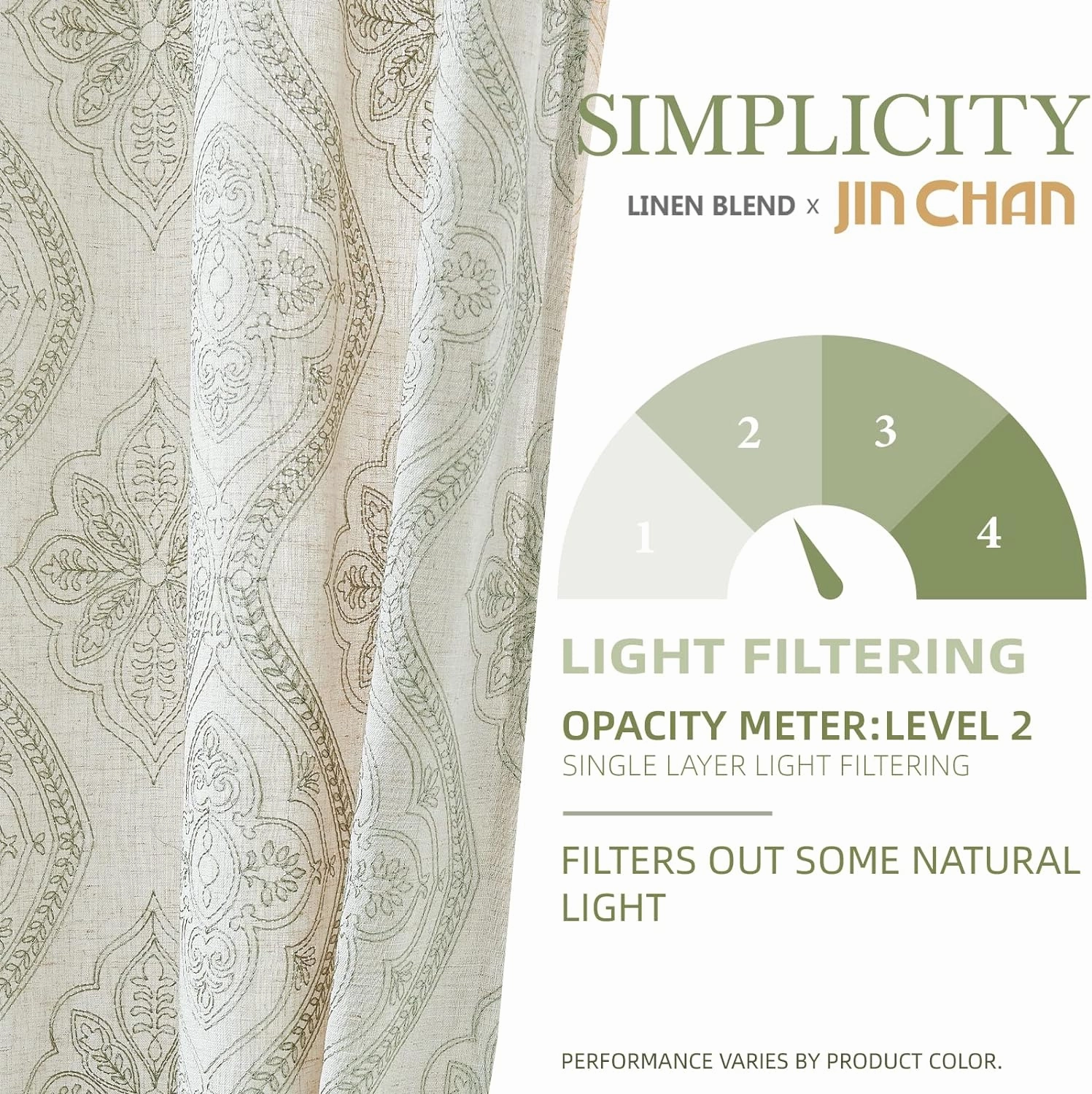 jinchan Boho Linen Curtains for Living Room Embroidered Design Window Curtains Light Filtering Flax Linen Blend Window Treatments Set for Bedroom Grommet Top 2 Panels 84 Inch Length Green on Ecru