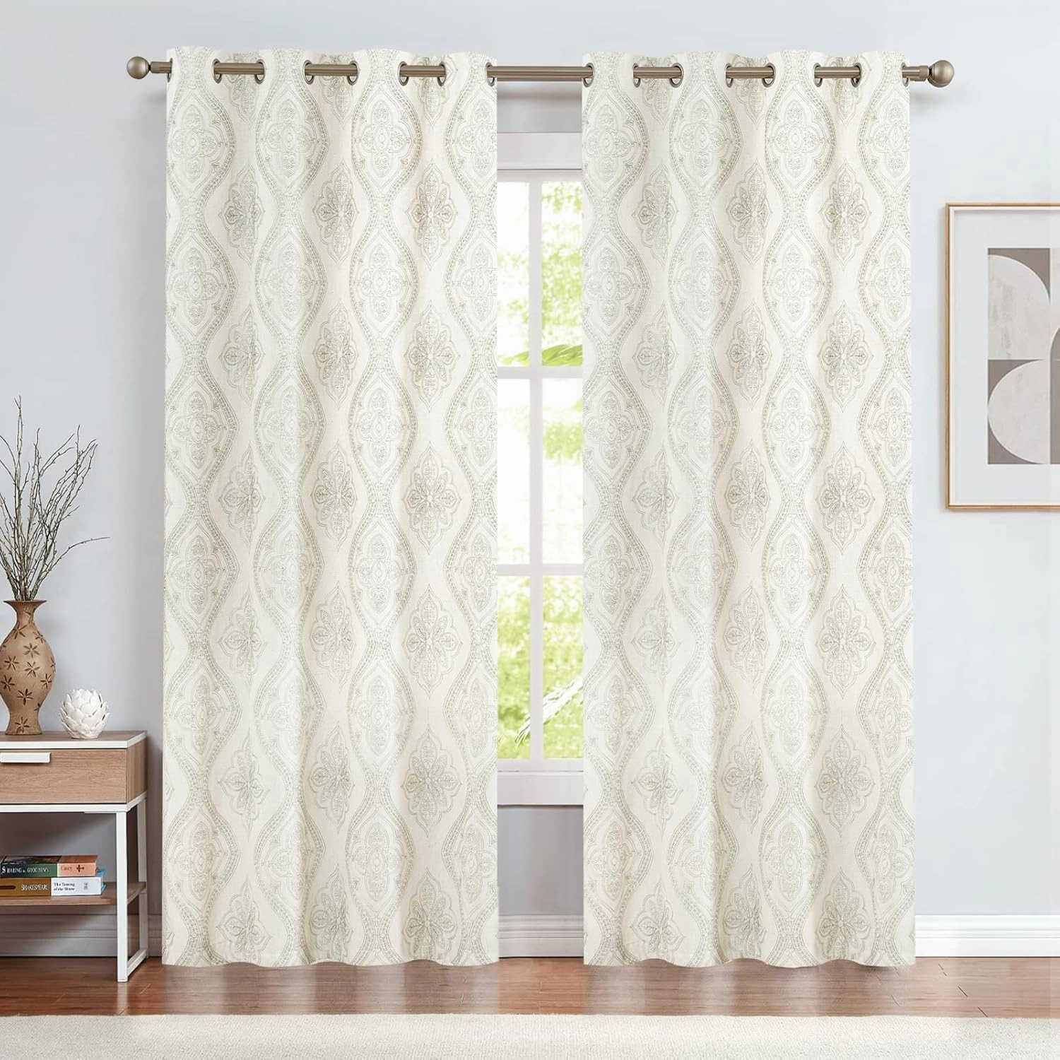 jinchan Boho Linen Curtains for Living Room Embroidered Design Window Curtains Light Filtering Flax Linen Blend Window Treatments Set for Bedroom Grommet Top 2 Panels 84 Inch Length Green on Ecru