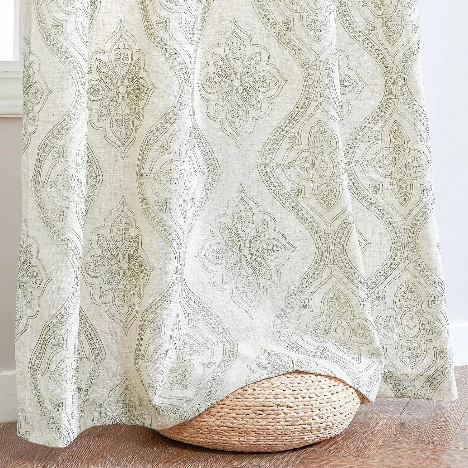 jinchan Boho Linen Curtains for Living Room Embroidered Design Window Curtains Light Filtering Flax Linen Blend Window Treatments Set for Bedroom Grommet Top 2 Panels 84 Inch Length Green on Ecru