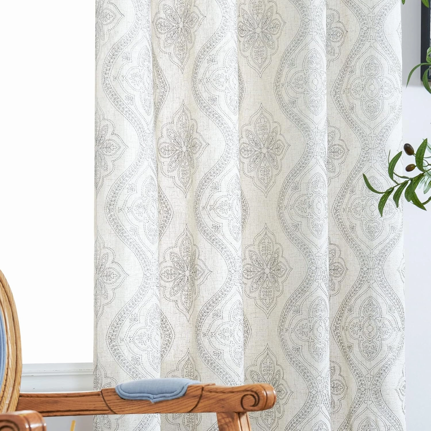 jinchan Boho Linen Curtains for Living Room Embroidered Design Window Curtains Light Filtering Flax Linen Blend Window Treatments Set for Bedroom Grommet Top 2 Panels 84 Inch Length Grey on Ecru