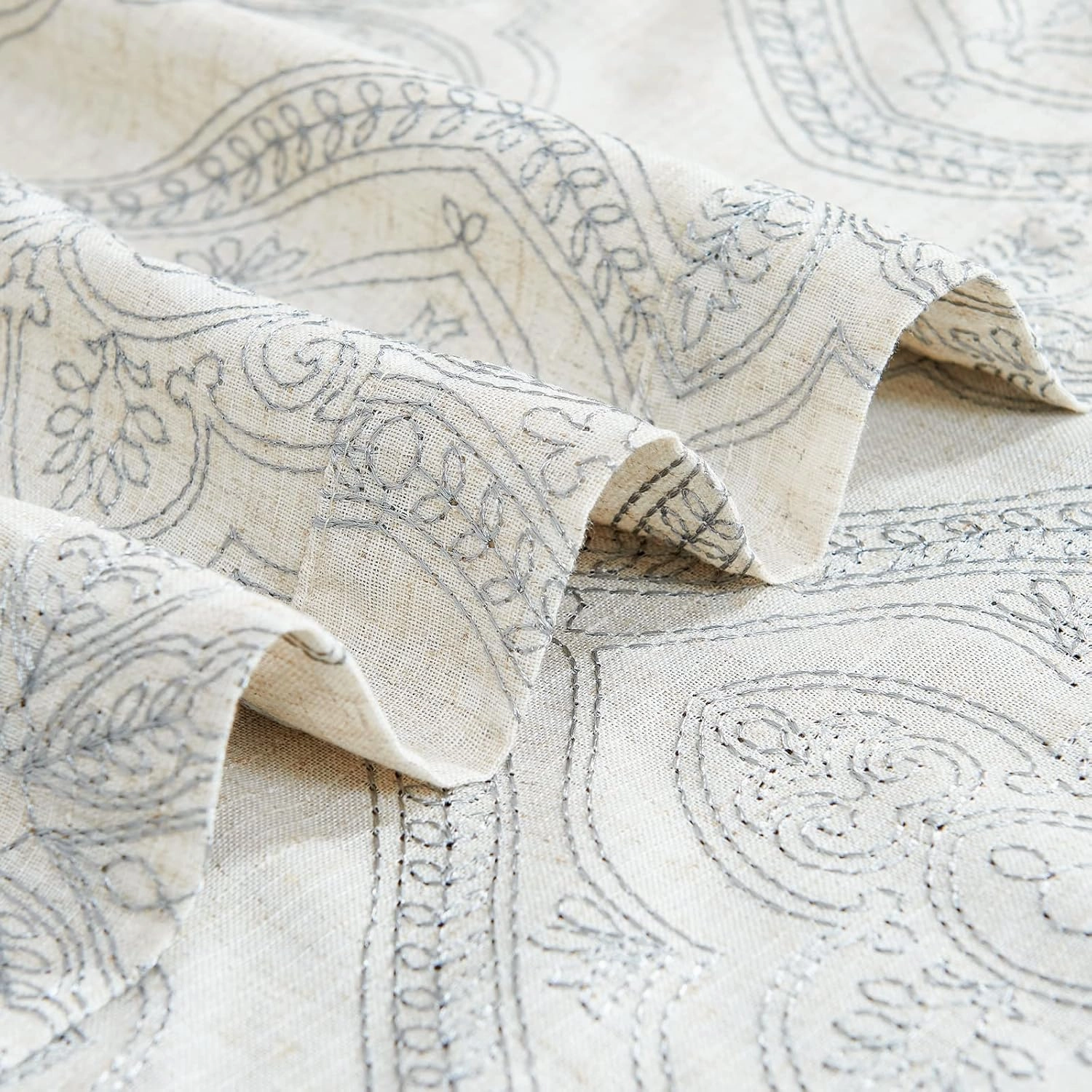 jinchan Boho Linen Curtains for Living Room Embroidered Design Window Curtains Light Filtering Flax Linen Blend Window Treatments Set for Bedroom Grommet Top 2 Panels 84 Inch Length Grey on Ecru