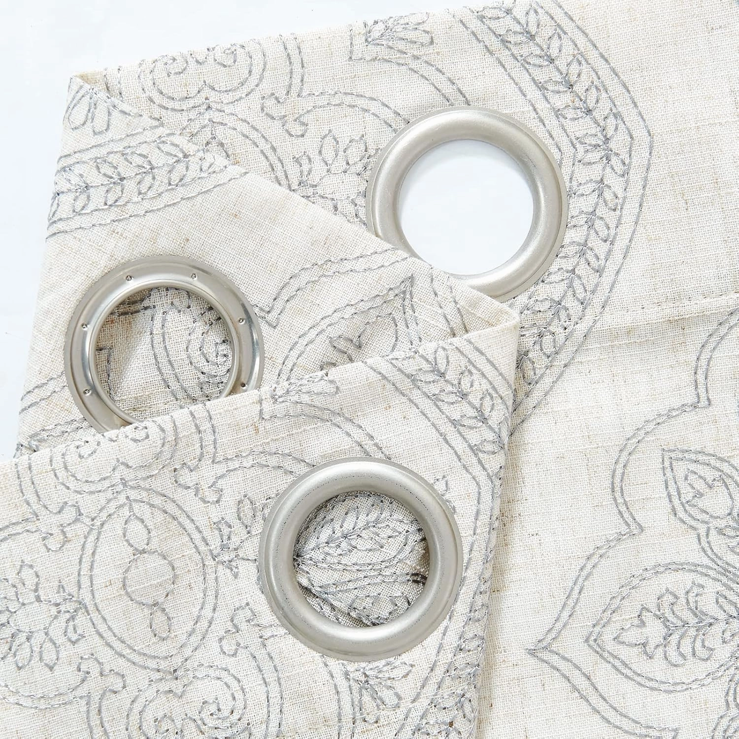 jinchan Boho Linen Curtains for Living Room Embroidered Design Window Curtains Light Filtering Flax Linen Blend Window Treatments Set for Bedroom Grommet Top 2 Panels 84 Inch Length Grey on Ecru