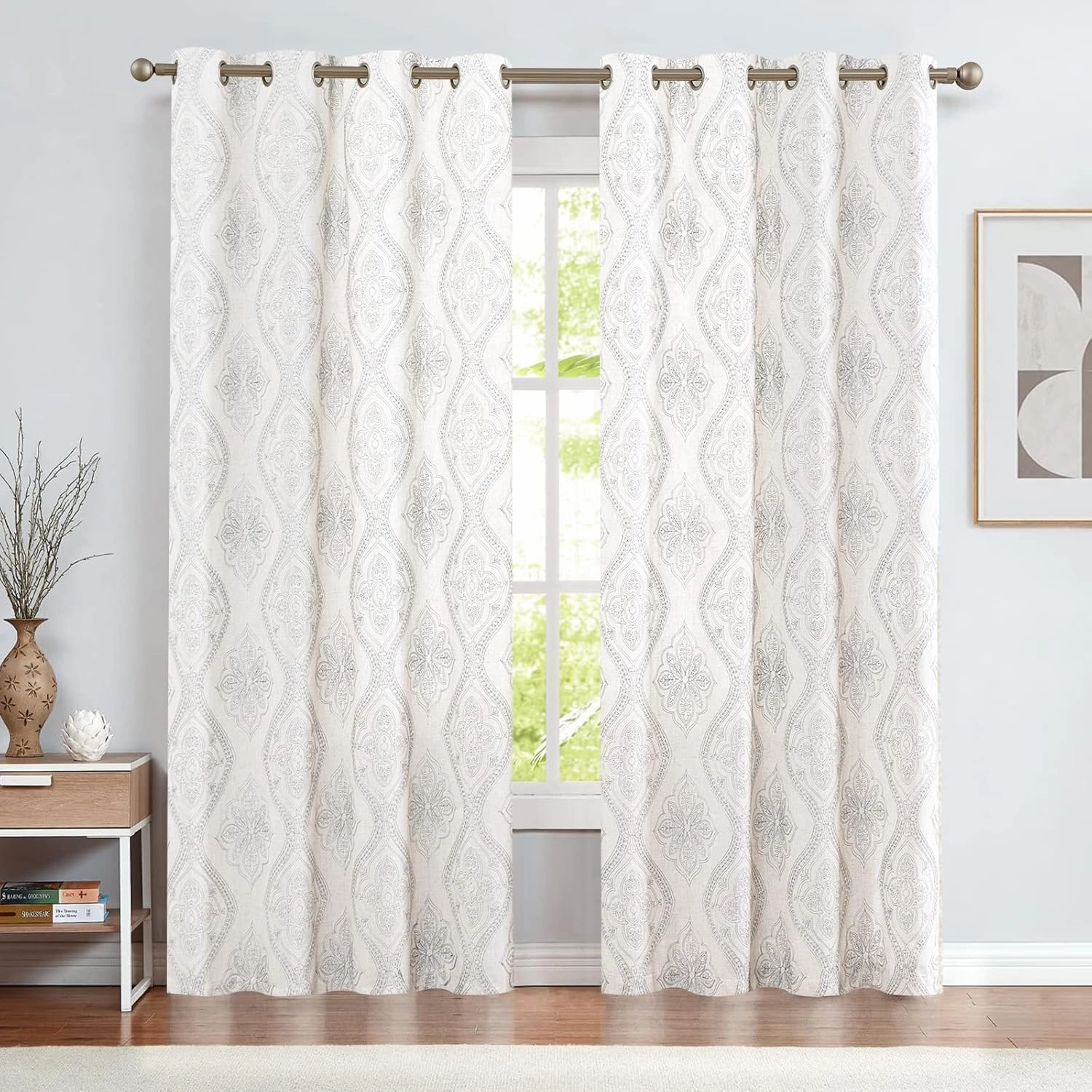 jinchan Boho Linen Curtains for Living Room Embroidered Design Window Curtains Light Filtering Flax Linen Blend Window Treatments Set for Bedroom Grommet Top 2 Panels 84 Inch Length Grey on Ecru