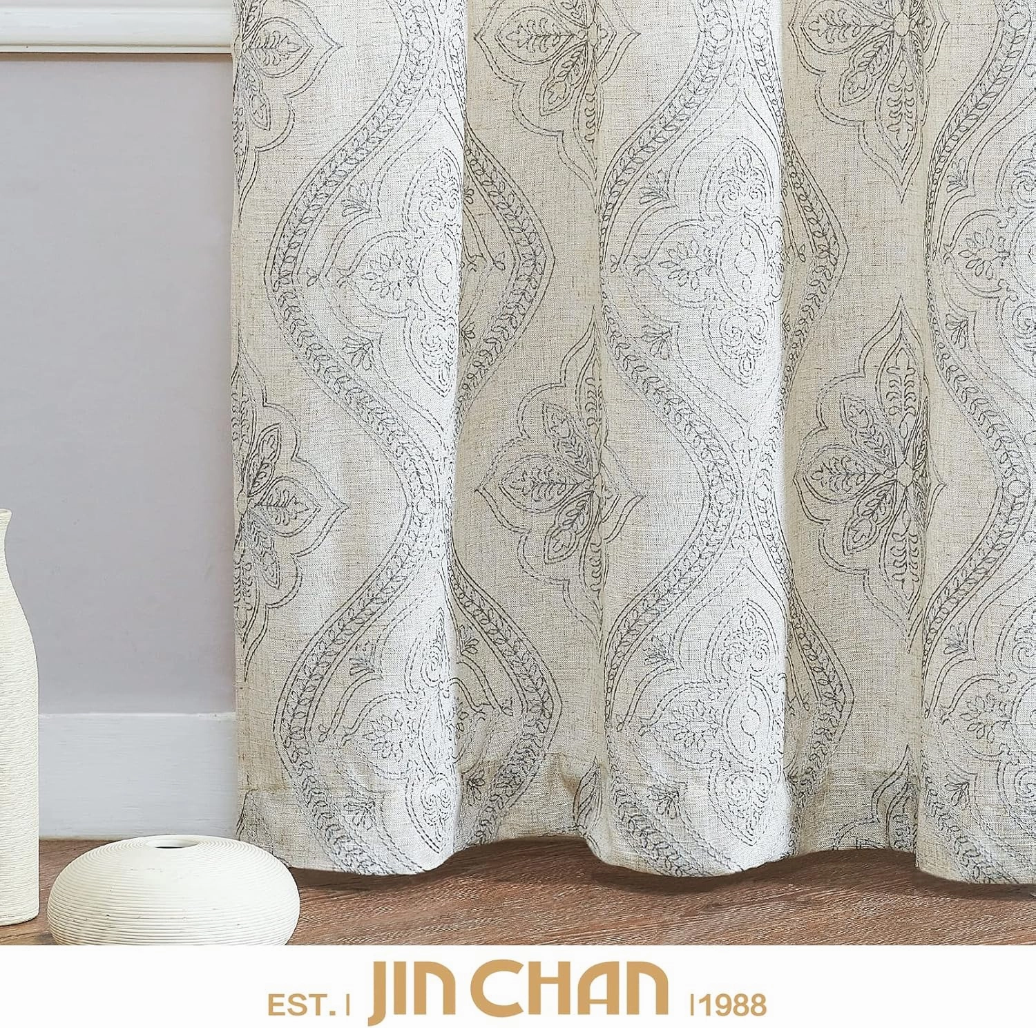 jinchan Boho Linen Curtains for Living Room Embroidered Design Window Curtains Light Filtering Flax Linen Blend Window Treatments Set for Bedroom Grommet Top 2 Panels 84 Inch Length Grey on Ecru