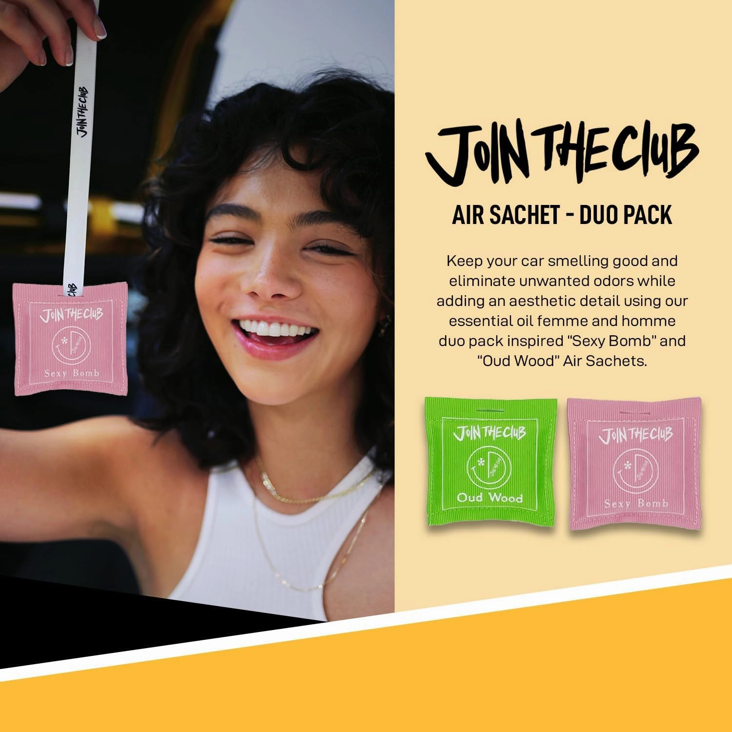 Join The Club Hanging Air Freshener Sachets w/Natural Essential Oils for Car & Home Aromatherapy Fragrance Scent Packets - Oud Wood & Sexy Bomb Scent