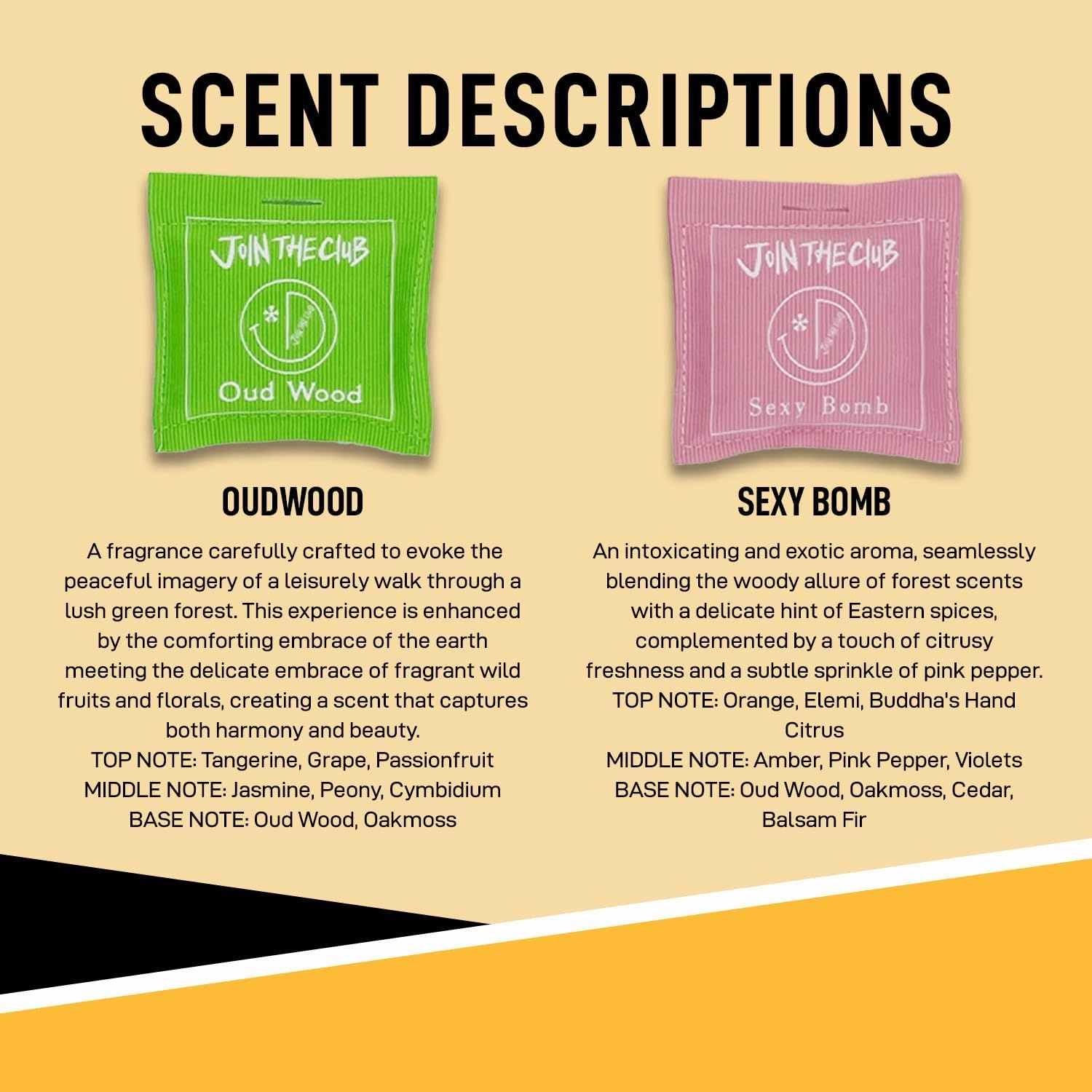 Join The Club Hanging Air Freshener Sachets w/Natural Essential Oils for Car & Home Aromatherapy Fragrance Scent Packets - Oud Wood & Sexy Bomb Scent