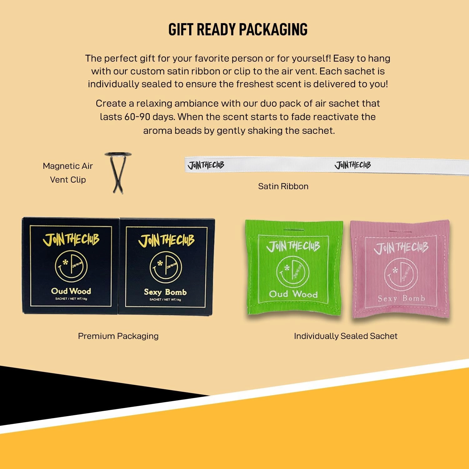 Join The Club Hanging Air Freshener Sachets w/Natural Essential Oils for Car & Home Aromatherapy Fragrance Scent Packets - Oud Wood & Sexy Bomb Scent