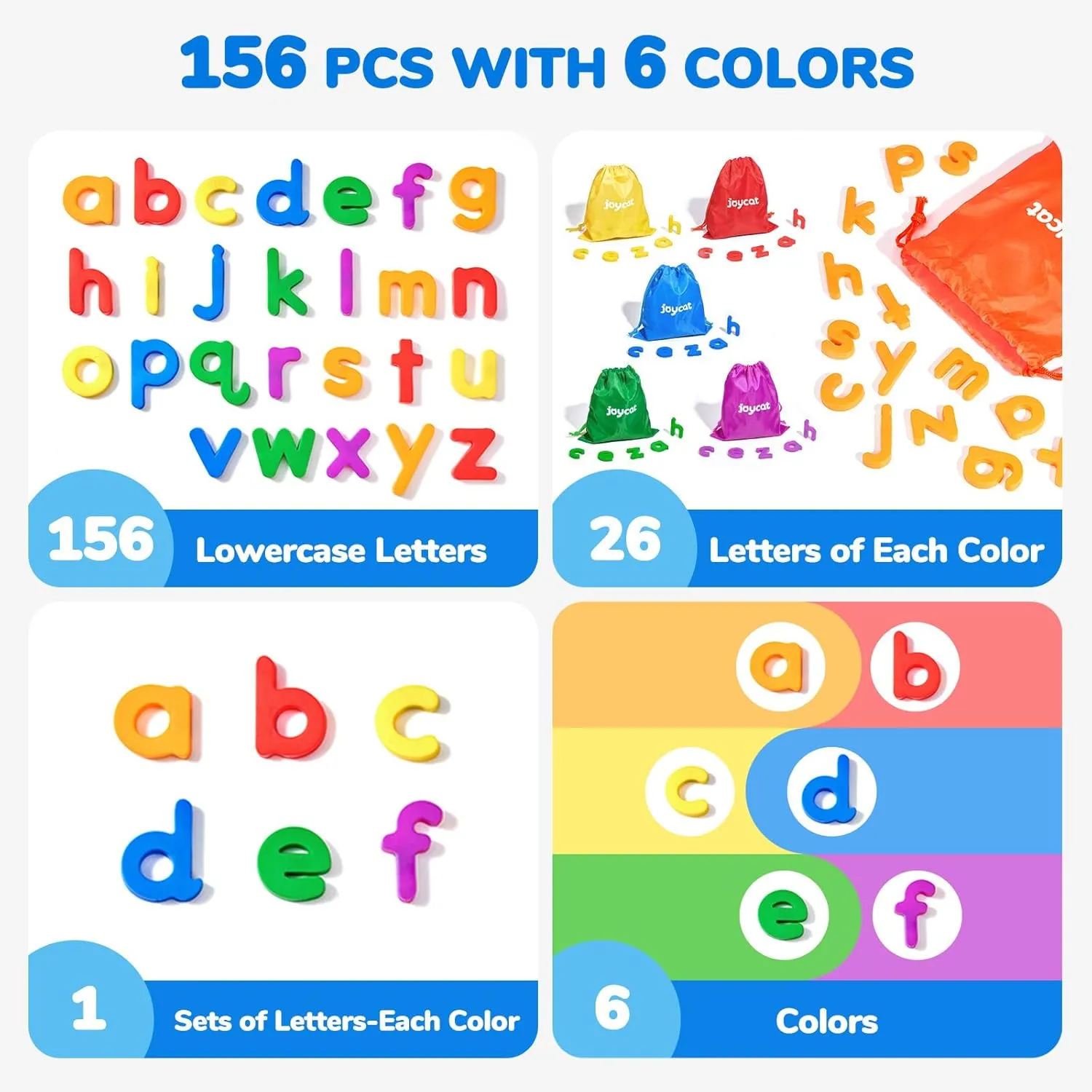 JoyCat Alphabet Magnets, 156-Piece Set of Lowercase Magnetic Letters, ABC Magnets for Toddlers & Kids, Plastic Letters for Whiteboards, Preschool Educational Toys for Kindergarten Classroom