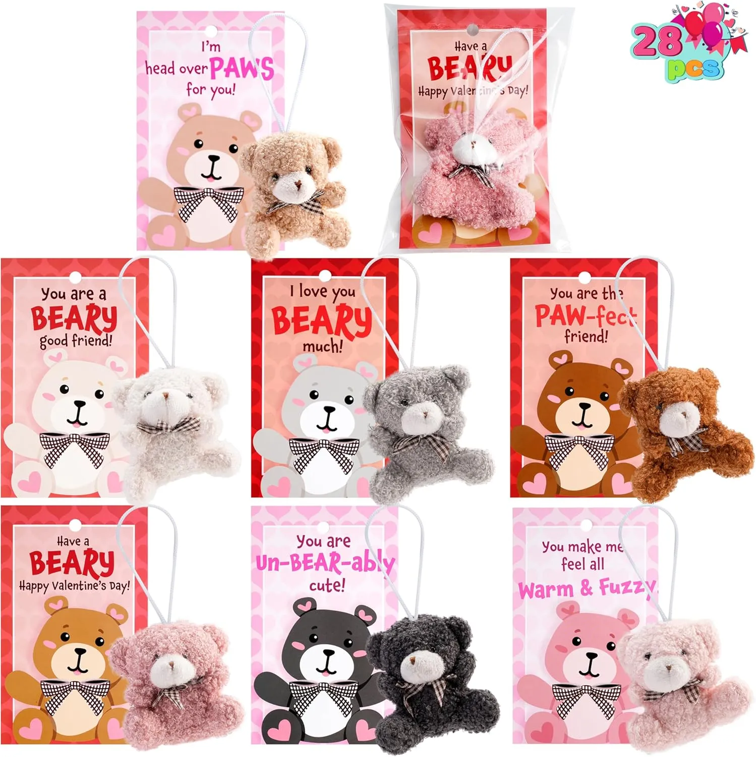 JOYIN 28 Pack Valentine's Day Mini Plush Animals Toys with Greeting Cards, Small Animal Keychains for Kids Valentine's Classroom Gift Exchange, Valentines Party Favor and Valentines Day Gifts