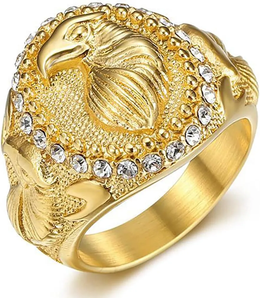 JWM Stainless Steel Eagle Rings Golden Large Animal Rings for Men Women Adults, Cocktail Party Rings, Delicate Packaging
