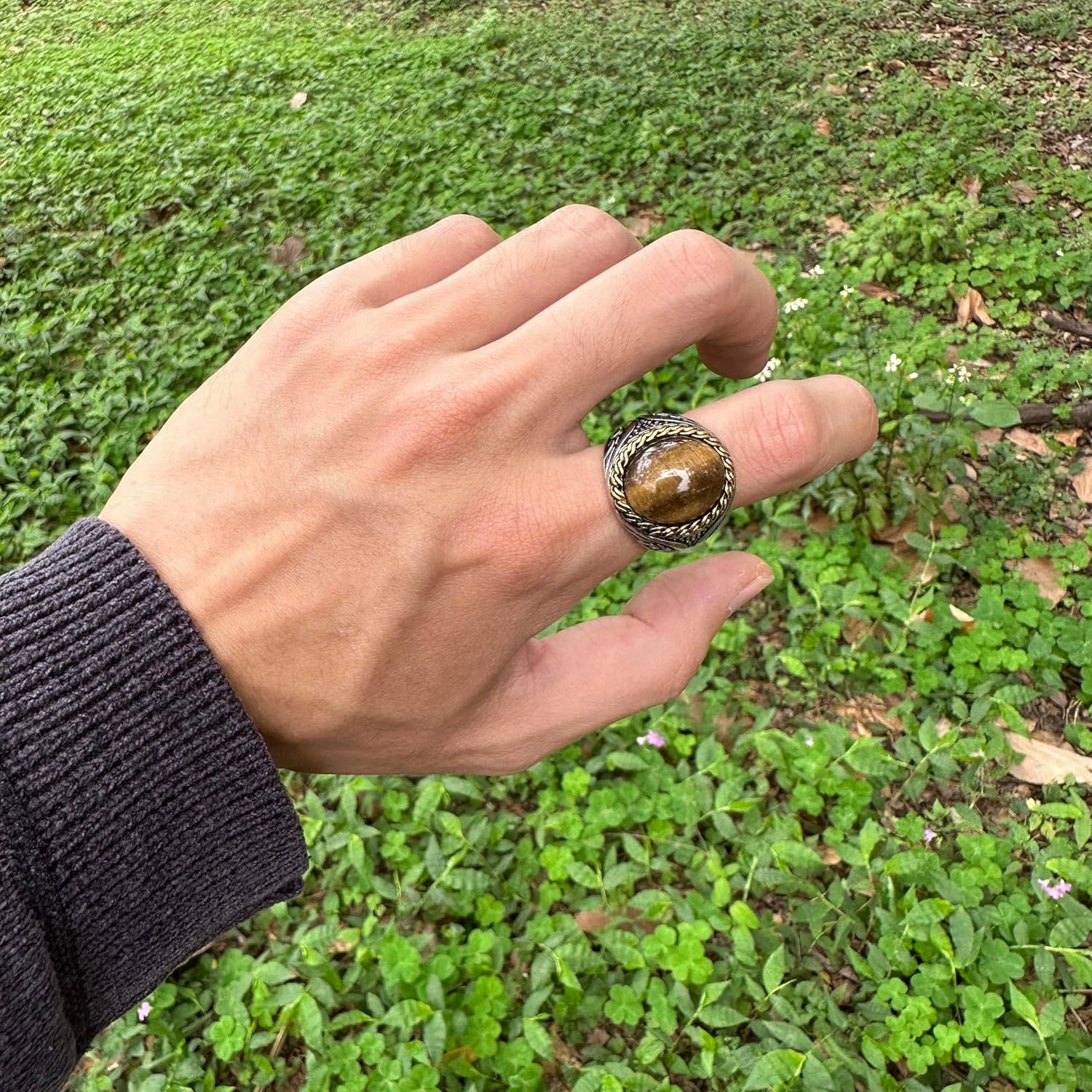 JWM Men's Stainless Steel Rings Retro Natural Large Tiger Eye Stone Rings for Men, Cocktail Party Biker Animal Rings, Delicate Packaging