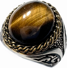 JWM Men's Stainless Steel Rings Retro Natural Large Tiger Eye Stone Rings for Men, Cocktail Party Biker Animal Rings, Delicate Packaging