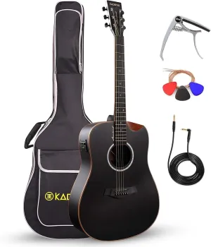 Kadence Acoustic Electric Guitar - Slowhand Premium Electric Acoustic Guitar (Black Spruce Top, Rosewood Fretboard) - Electro Acoustic Guitars with Strings, Cable, Pro Capo, Picks & Bag (SH04 Black)