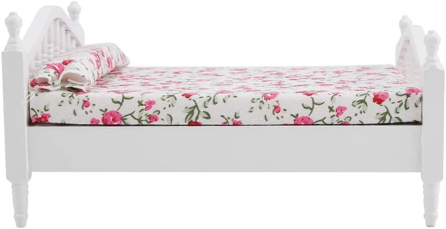 Keenso 1:12 Dollhouse Bed Mini Bed Mini Double Bed,Dollhouse Miniatures Bed Doll Bed for Dollhouse Accessories Furniture