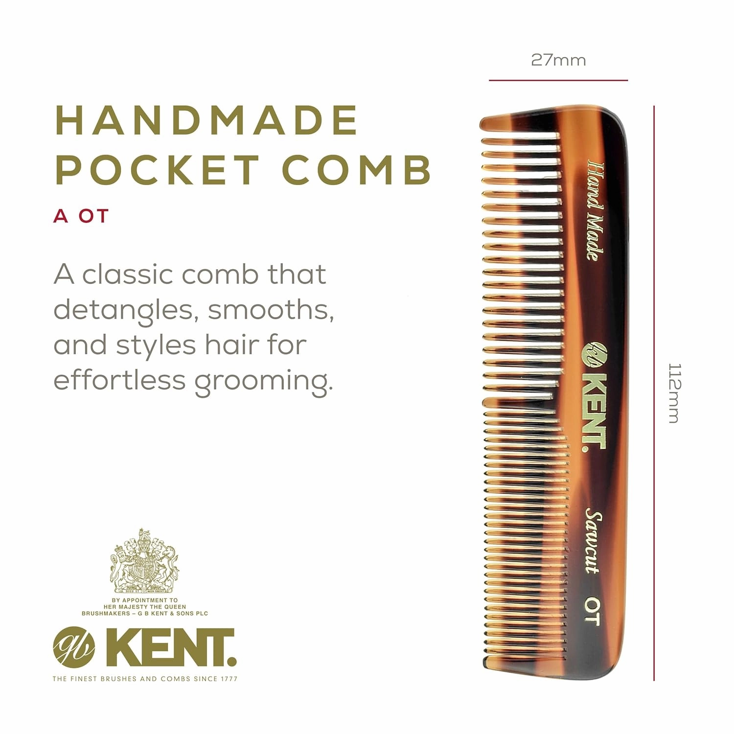Kent OT Fine Tooth and Wide Tooth Pocket Comb - Handmade Hair Comb for Men for Travel Hair Combs, Beard and Mustache Combs, Saw Cut and Hand Polished