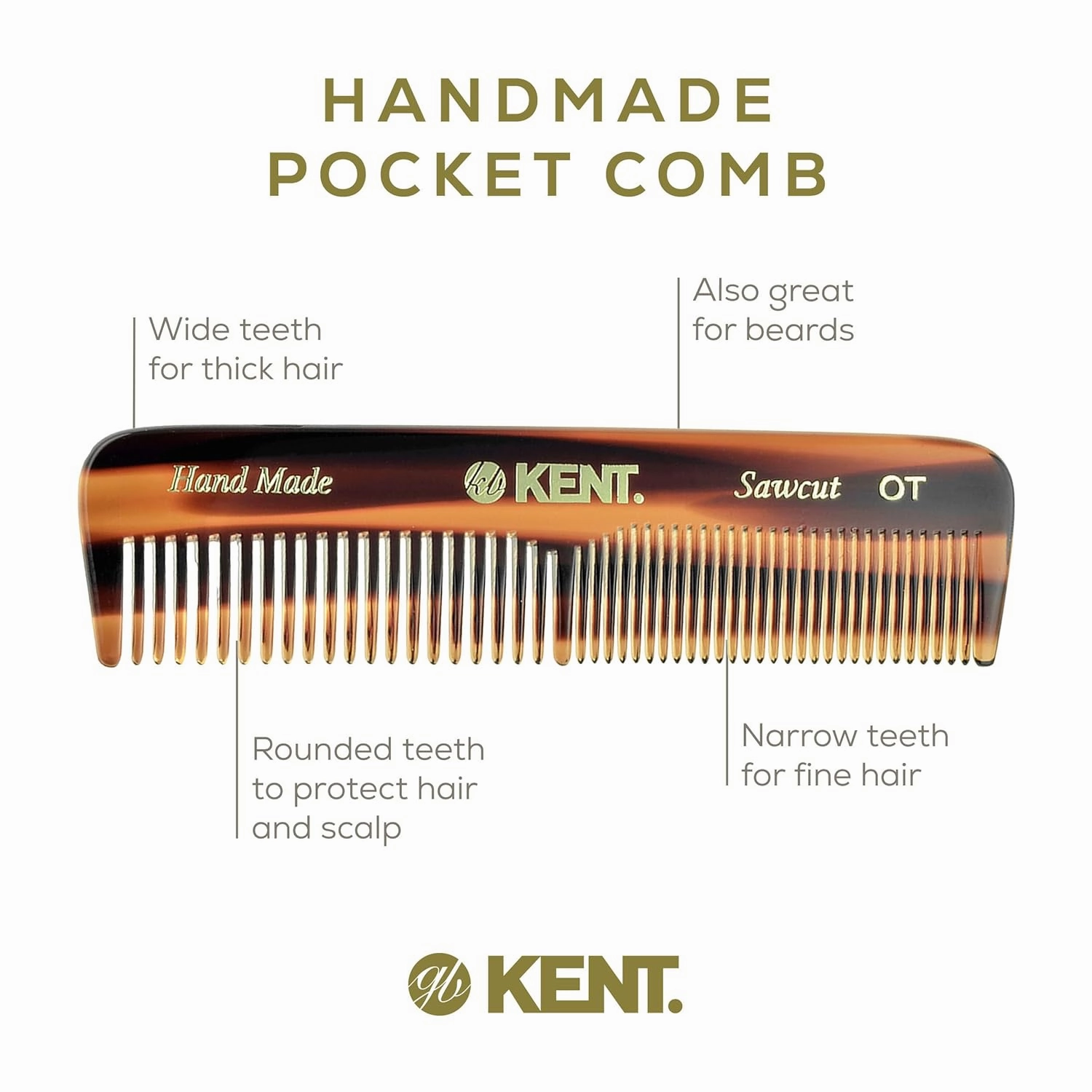 Kent OT Fine Tooth and Wide Tooth Pocket Comb - Handmade Hair Comb for Men for Travel Hair Combs, Beard and Mustache Combs, Saw Cut and Hand Polished