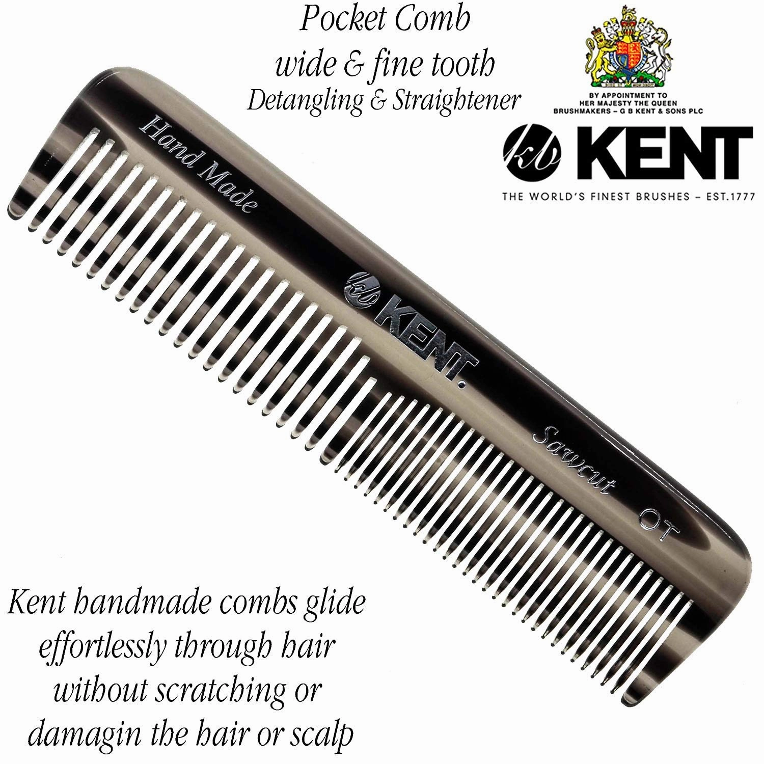 Kent OT Pocket Comb - Handmade Fine and Wide Tooth Hair Comb for Men, Women, and Kids - Travel, Beard, and Mustache Comb - Saw Cut and Hand Polished Made in England