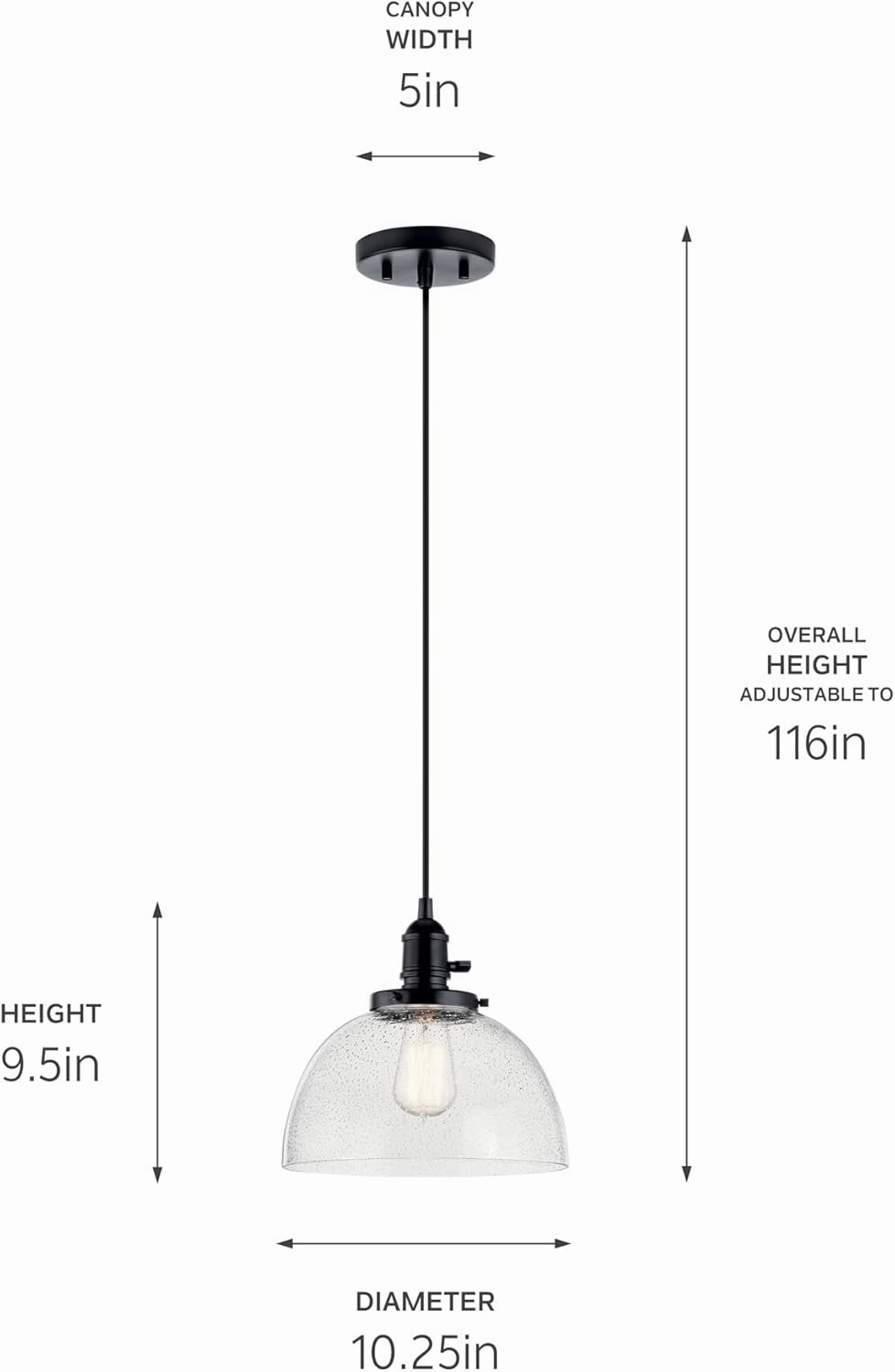 Kichler Avery 9.75" Globe Mini Pendant Industrial 1 Light Mini Pendant Ceiling Light Fixture with Clear Seeded Glass in Black, for Living Room, Bedroom or Kitchen (9.75" x 9.75" x 11.25") 43852BK