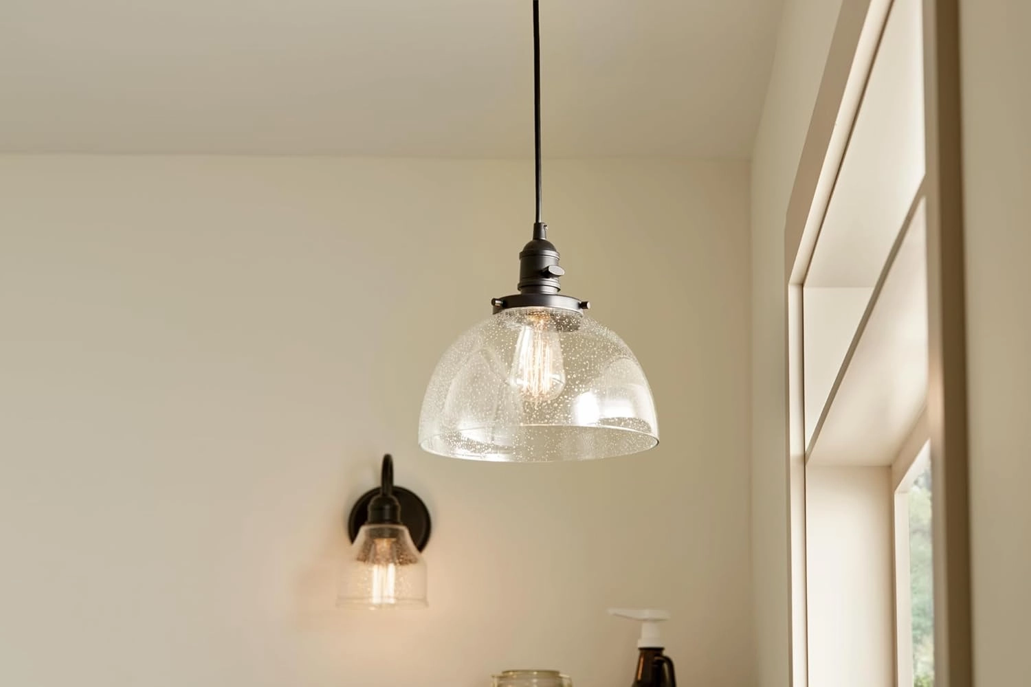 Kichler Avery 9.75" Globe Mini Pendant Industrial 1 Light Mini Pendant Ceiling Light Fixture with Clear Seeded Glass in Black, for Living Room, Bedroom or Kitchen (9.75" x 9.75" x 11.25") 43852BK