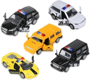 KIDAMI Die Cast Metal Little Toy Cars Set of 5, Openable Doors Pull Back Car Gift Pack for Kids (Police car)