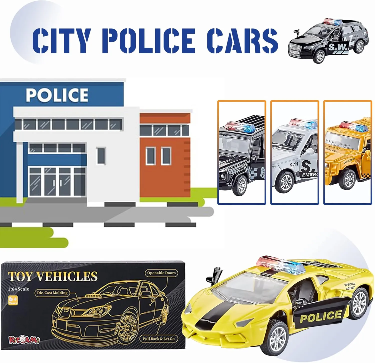KIDAMI Die Cast Metal Little Toy Cars Set of 5, Openable Doors Pull Back Car Gift Pack for Kids (Police car)