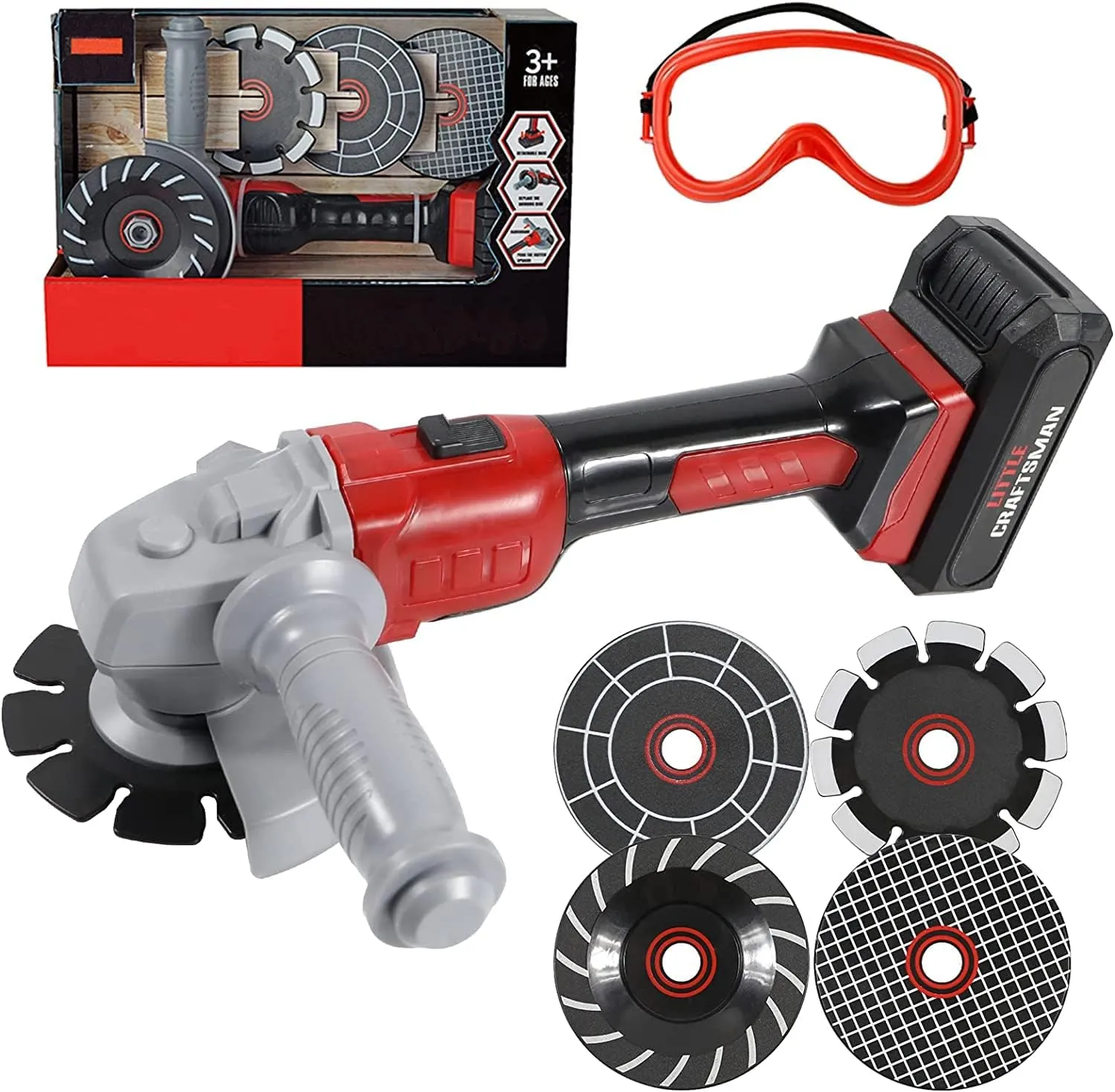 Kids Mini Angle Grinder Toy Set, Pretend Play Series Outside Construction Work Shop Tool with 4 Grinder Wheels, Outdoor Preschool Gardening Kids Tool Set Gift for Boys & Girls