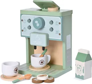 Kids Wooden Toys Toddler Pretend Play Kitchen Accessories Green Coffee Maker Espresso Machine Playset Montessori Kitchen Toy Gift for Girls and Boys