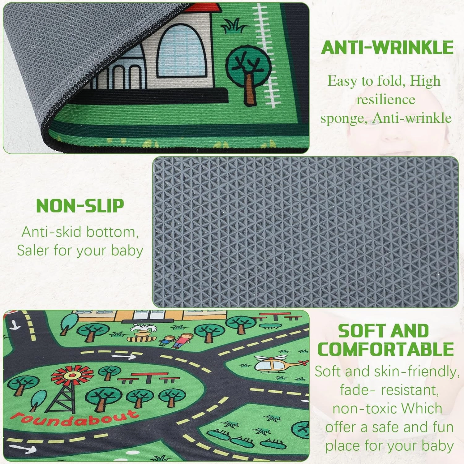 Kids Carpet Playmat Rug 4 x 6 ft Player Car Rug, City Life Traffic Road Map Mat Educational Game Area Mat for Toddler Children Playroom Classroom Bedroom(Green)
