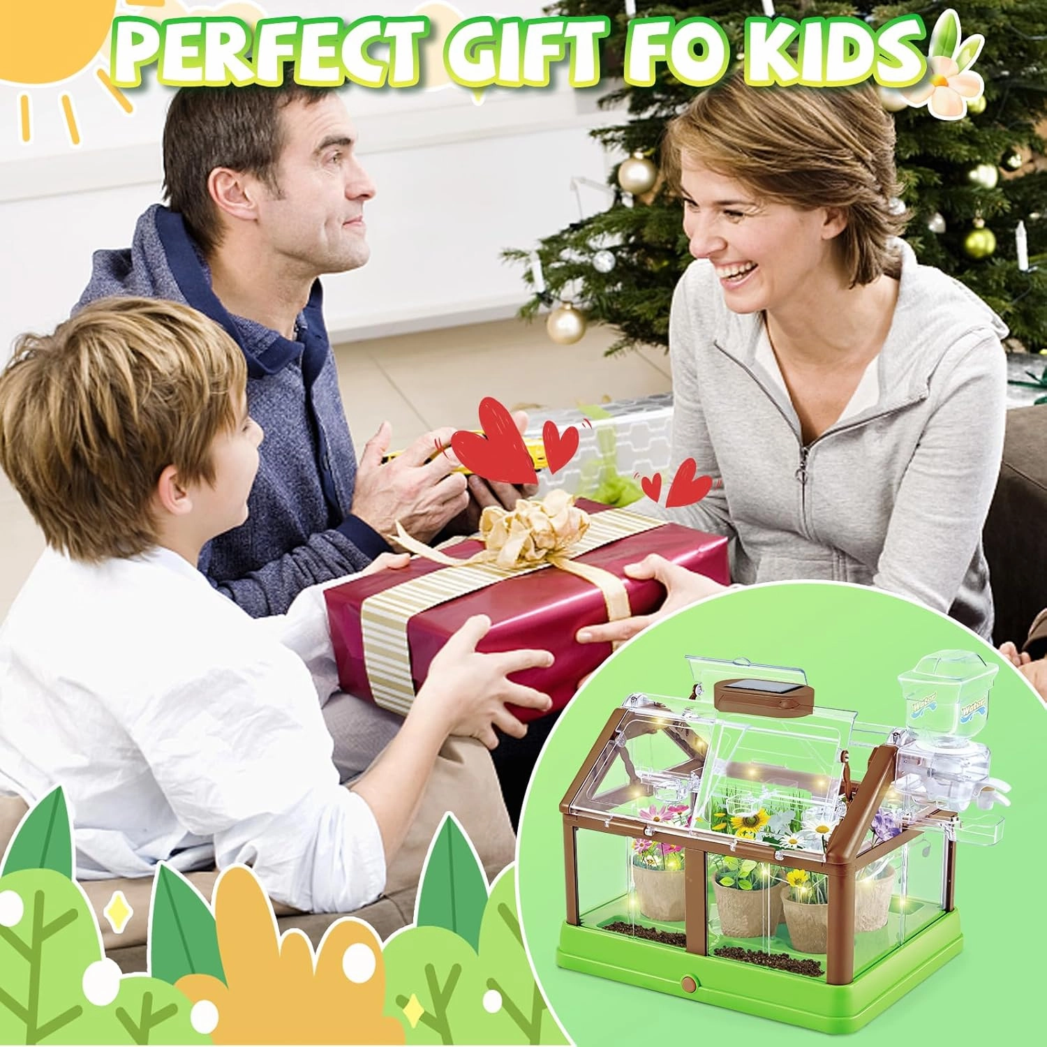 Kids Plant Growing Kit - Kids Greenhouse & Flower Growing Kit with Upgraded Irrigation & Grow Light – Perfect Gardening for Kids（Solar Green）