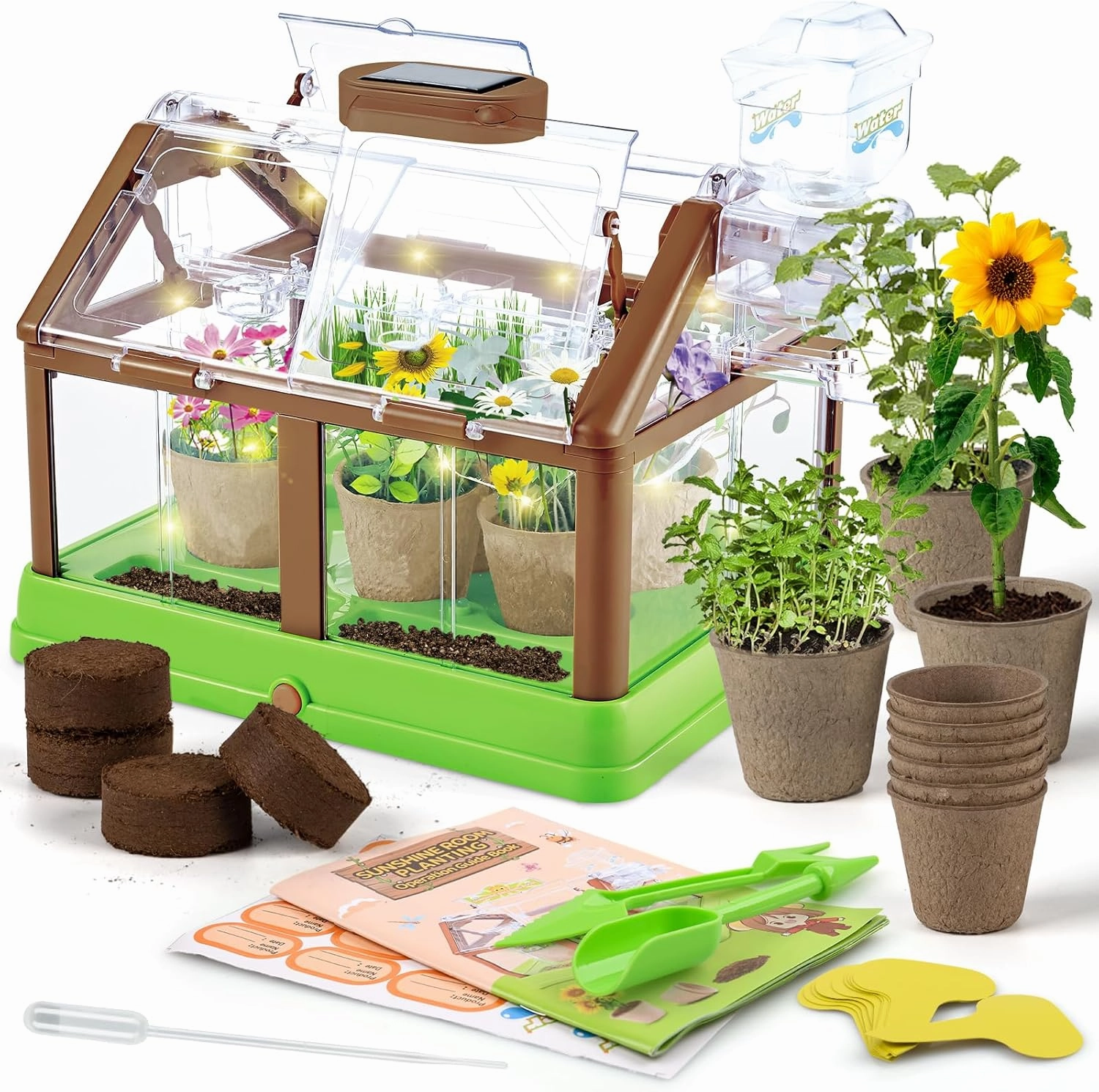 Kids Plant Growing Kit - Kids Greenhouse & Flower Growing Kit with Upgraded Irrigation & Grow Light – Perfect Gardening for Kids（Solar Green）