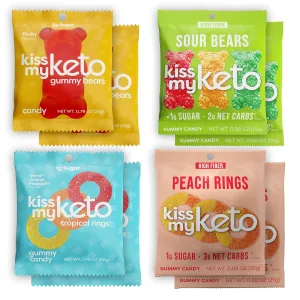 Kiss My Keto Bears & Rings Flavor Variety Pack – 1g Sugar, Low Carb, High Fiber, non-GMO Gummies Candy – 2-pack Mixture of Gummy Sour Bears, Gummy Bears, Gummy Rings & Gummy Peach Rings - (8-pack)