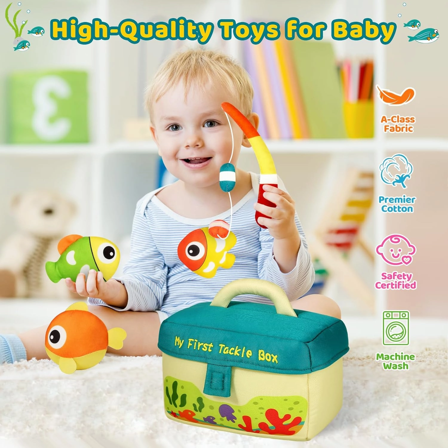 KMUYSL Baby Toys 0-6 6-12 Months, My First Tackle Box Plush Toys - 4 Pcs Sensory Playset Soft Toys with Squeaker Crinkle for 0 1 2 3 4 5 6  Months Newborn Infant, Christmas Birthday for Boys Girls
