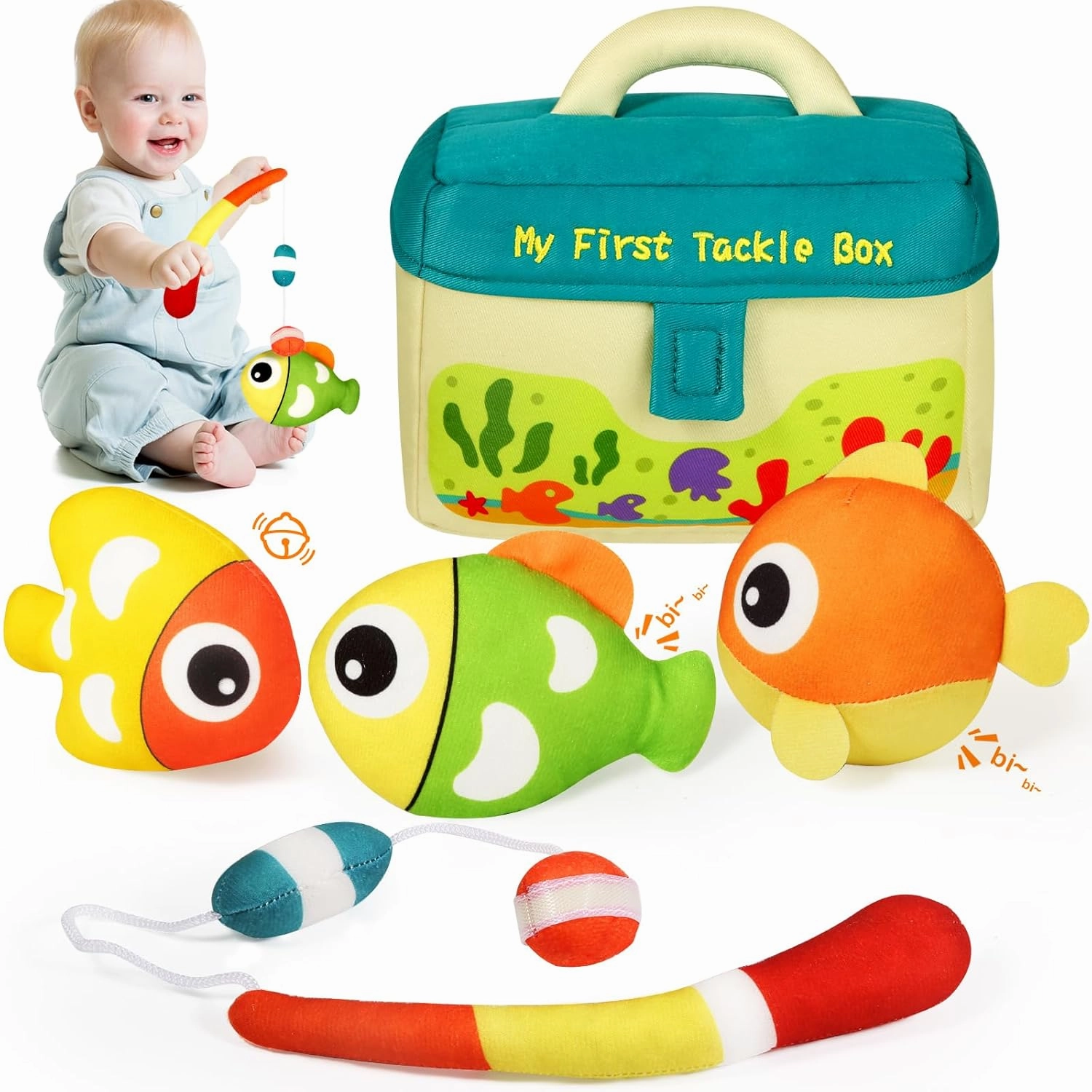 KMUYSL Baby Toys 0-6 6-12 Months, My First Tackle Box Plush Toys - 4 Pcs Sensory Playset Soft Toys with Squeaker Crinkle for 0 1 2 3 4 5 6  Months Newborn Infant, Christmas Birthday for Boys Girls