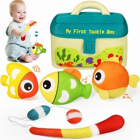 KMUYSL Baby Toys 0-6 6-12 Months, My First Tackle Box Plush Toys - 4 Pcs Sensory Playset Soft Toys with Squeaker Crinkle for 0 1 2 3 4 5 6  Months Newborn Infant, Christmas Birthday for Boys Girls