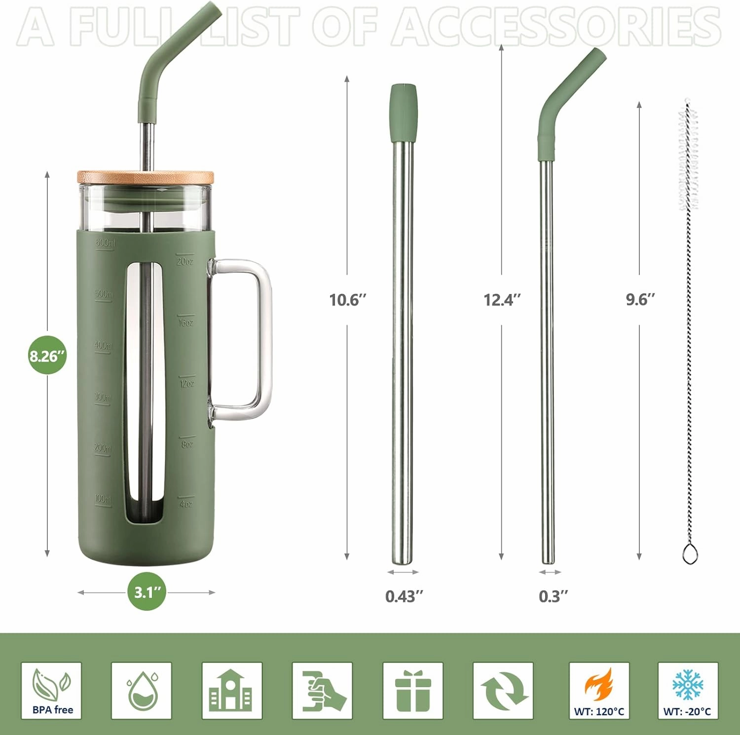 Kodrine Glass Tumbler with Lid and Straw, 20 oz Glass Coffee Tumbler with Handle, Smoothie Cup with Bamboo Lid, Time Marker, Silicone Sleeve, Reusable Iced Coffee Cup BPA Free - Olive Black