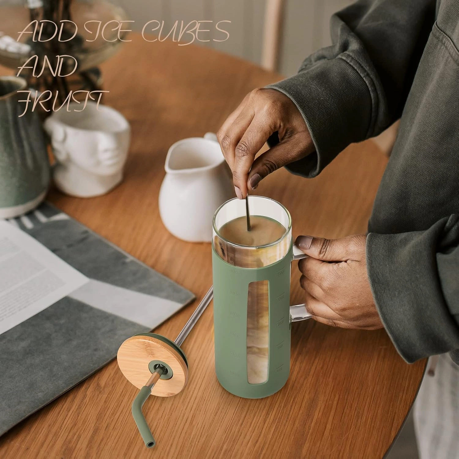 Kodrine Glass Tumbler with Lid and Straw, 20 oz Glass Coffee Tumbler with Handle, Smoothie Cup with Bamboo Lid, Time Marker, Silicone Sleeve, Reusable Iced Coffee Cup BPA Free - Olive Black