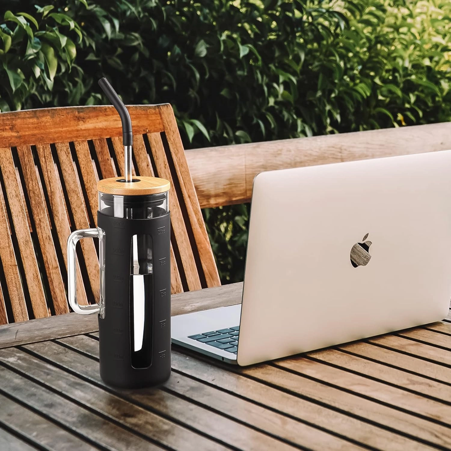 Kodrine Glass Tumbler with Lid and Straw, 20 oz Glass Coffee Tumbler with Handle, Smoothie Cup with Bamboo Lid, Time Marker, Silicone Sleeve, Reusable Iced Coffee Cup BPA Free - Olive Black