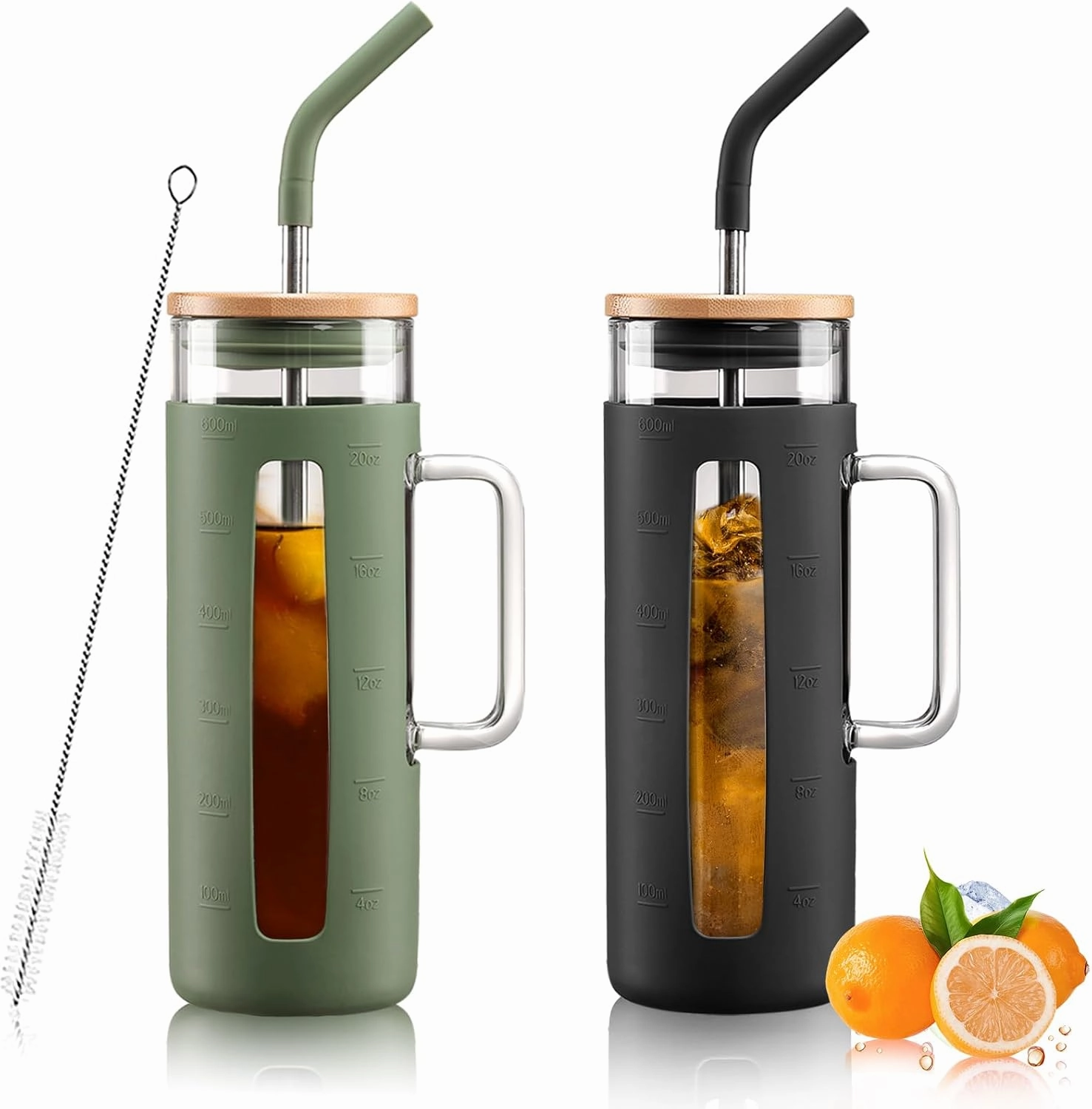 Kodrine Glass Tumbler with Lid and Straw, 20 oz Glass Coffee Tumbler with Handle, Smoothie Cup with Bamboo Lid, Time Marker, Silicone Sleeve, Reusable Iced Coffee Cup BPA Free - Olive Black