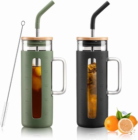 Kodrine Glass Tumbler with Lid and Straw, 20 oz Glass Coffee Tumbler with Handle, Smoothie Cup with Bamboo Lid, Time Marker, Silicone Sleeve, Reusable Iced Coffee Cup BPA Free - Olive Black