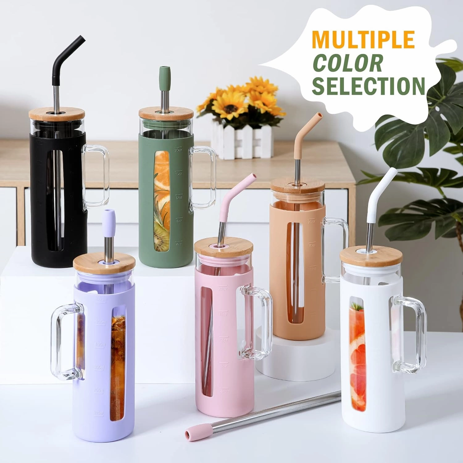 Kodrine Glass Tumbler with Lid and Straw, 20 oz Glass Coffee Tumbler with Handle, Smoothie Cup with Bamboo Lid, Time Marker, Silicone Sleeve, Reusable Iced Coffee Cup BPA Free - Olive Black