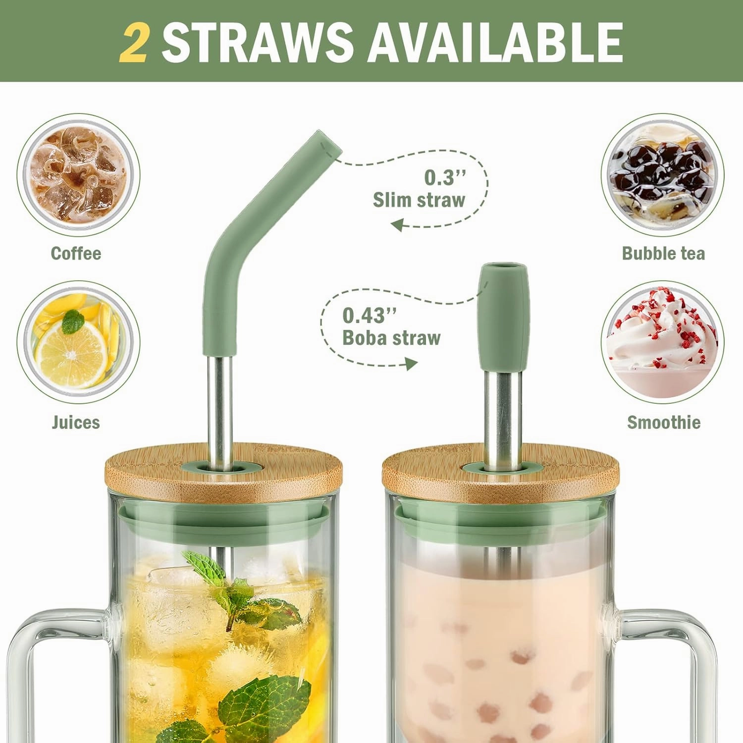 Kodrine Glass Tumbler with Lid and Straw, 20 oz Glass Coffee Tumbler with Handle, Smoothie Cup with Bamboo Lid, Time Marker, Silicone Sleeve, Reusable Iced Coffee Cup BPA Free - Olive Black