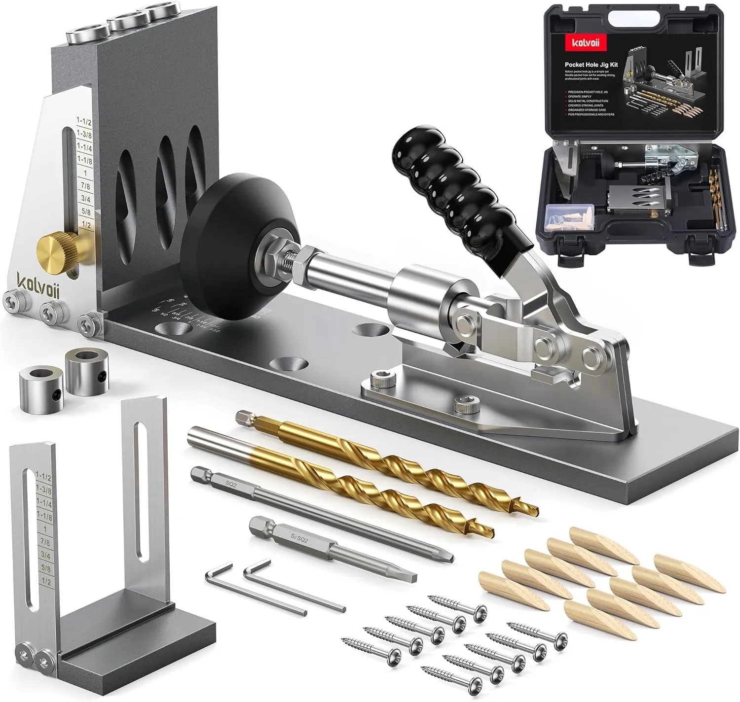 Kolvoii Pocket Hole Jig, Professional Adjustable Pocket Screw Jig for Strong Joints, Versatile Drill Guide Jig for Materials 1/2" to 3 1/8" Thickness with Storage Case