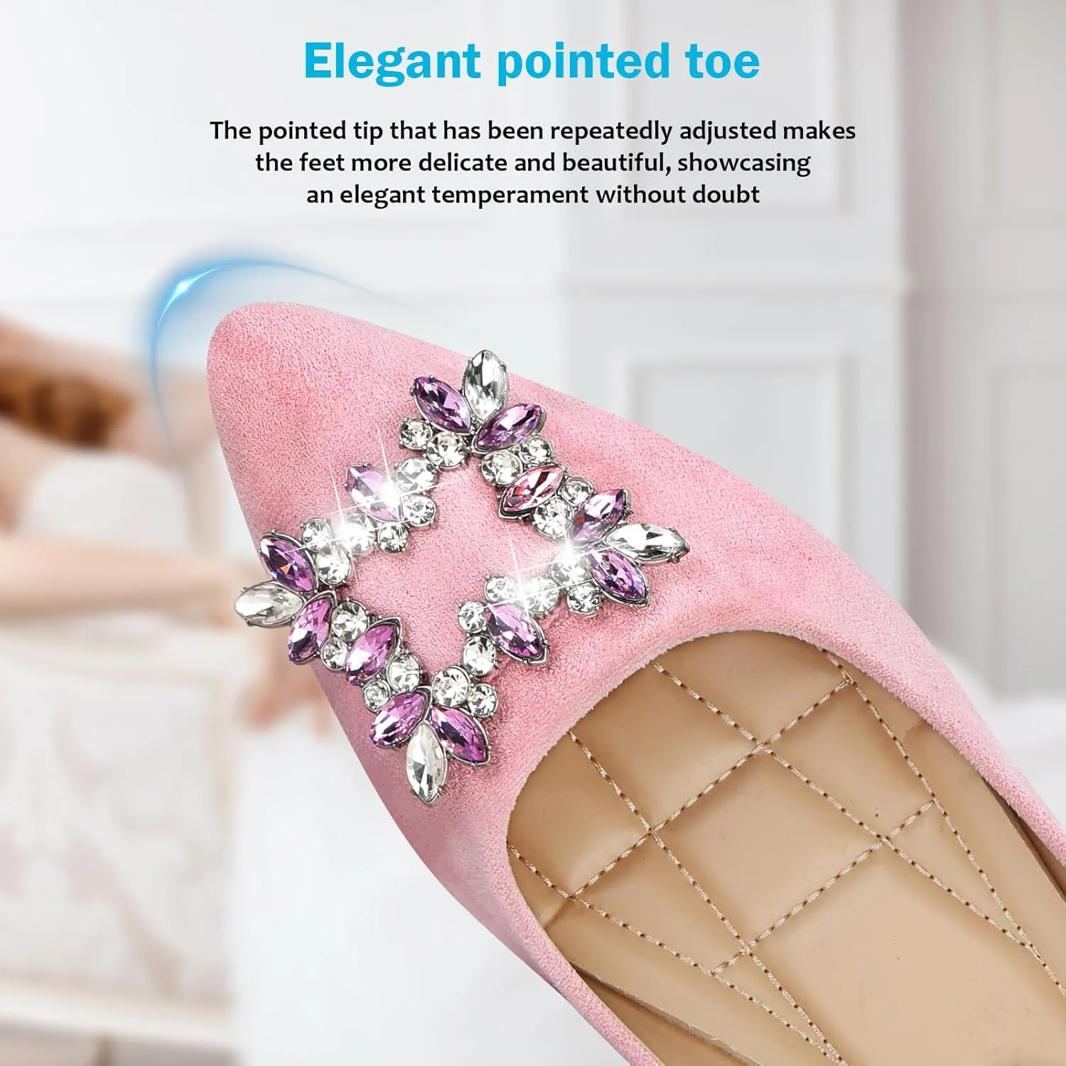 KUNWFNIX Women's Ballet Flats Crystal Wedding Ballerina Shoes Pointed Toe Pearl Diamond Low Heel Comfortable Dressy Work Business Dance Flats