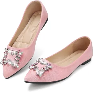 KUNWFNIX Women's Ballet Flats Crystal Wedding Ballerina Shoes Pointed Toe Pearl Diamond Low Heel Comfortable Dressy Work Business Dance Flats