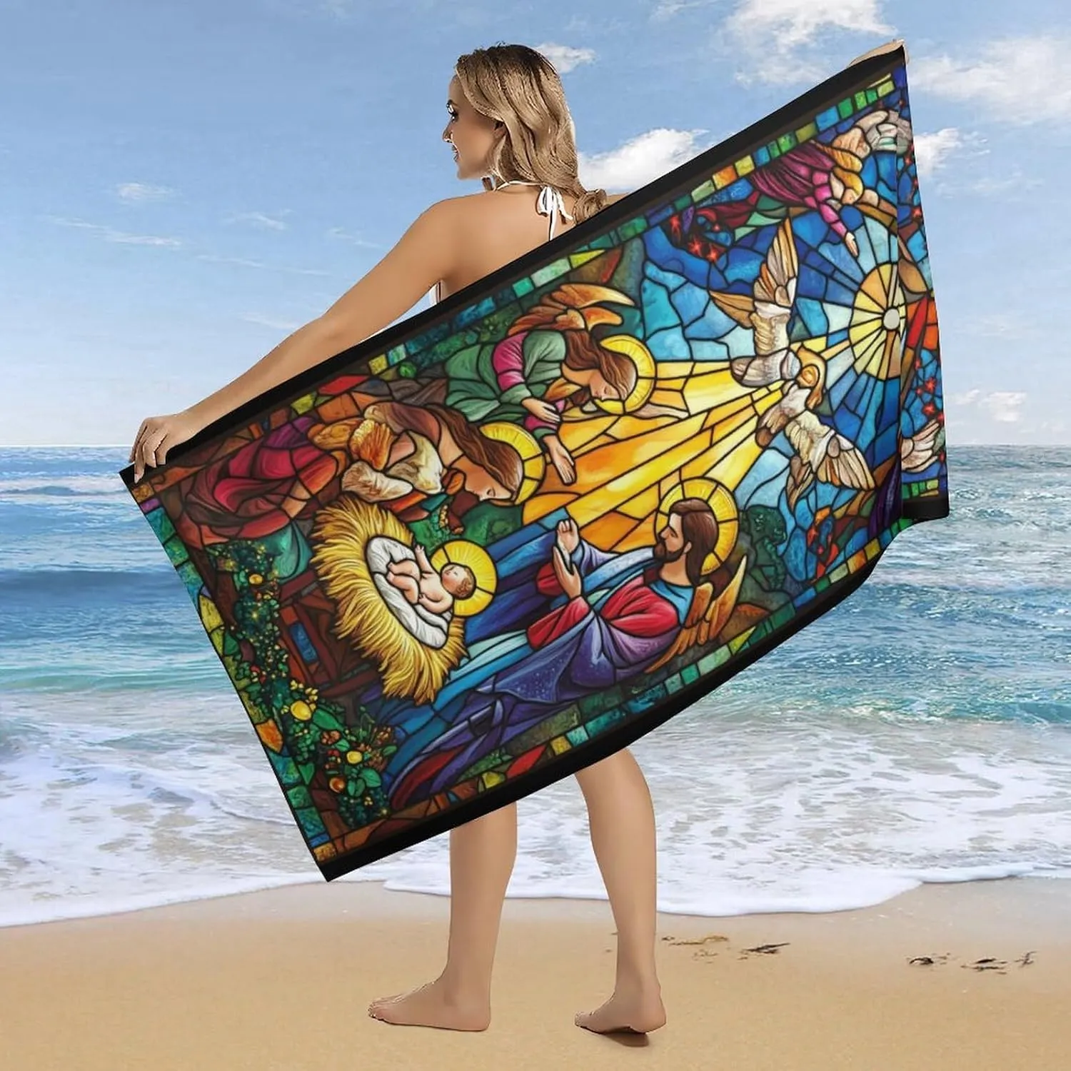 Large Beach Towel Microfiber Quick Dry Sand Free Oversized Pool Towel Lightweight Travel Towel Soft Absorbent Bath Blanket for Swimming Camping Yoga Outdoor Essentials 63×31.5in Stained Glass