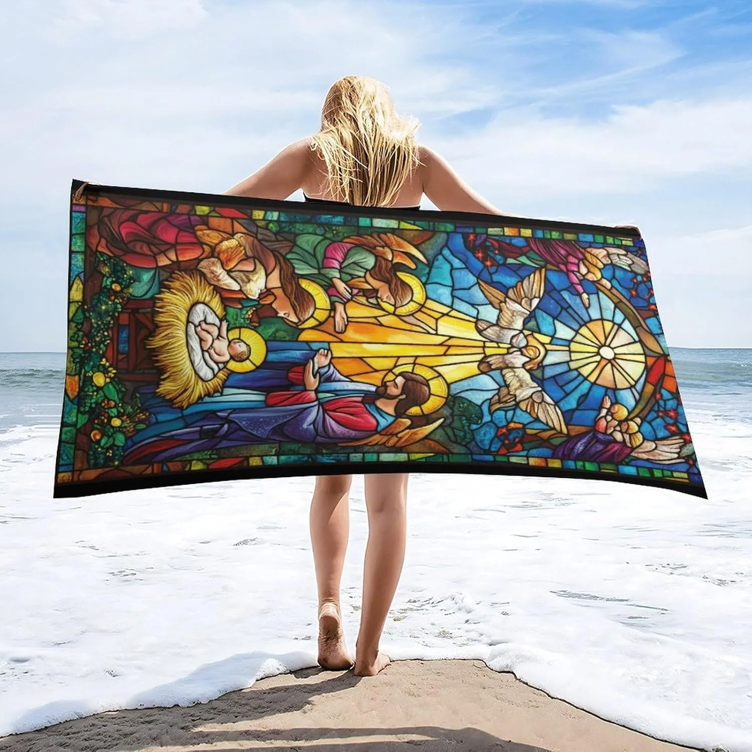 Large Beach Towel Microfiber Quick Dry Sand Free Oversized Pool Towel Lightweight Travel Towel Soft Absorbent Bath Blanket for Swimming Camping Yoga Outdoor Essentials 63×31.5in Stained Glass