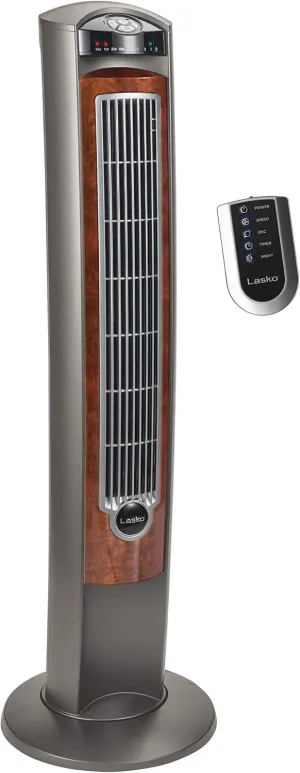 Lasko Oscillating Tower Fan, Nighttime Setting, Remote Control, Portable, Timer, for Bedroom, Home and Office, 3 Quiet Speeds, 42.5", Silverwood, T42954, woodgrain and grey