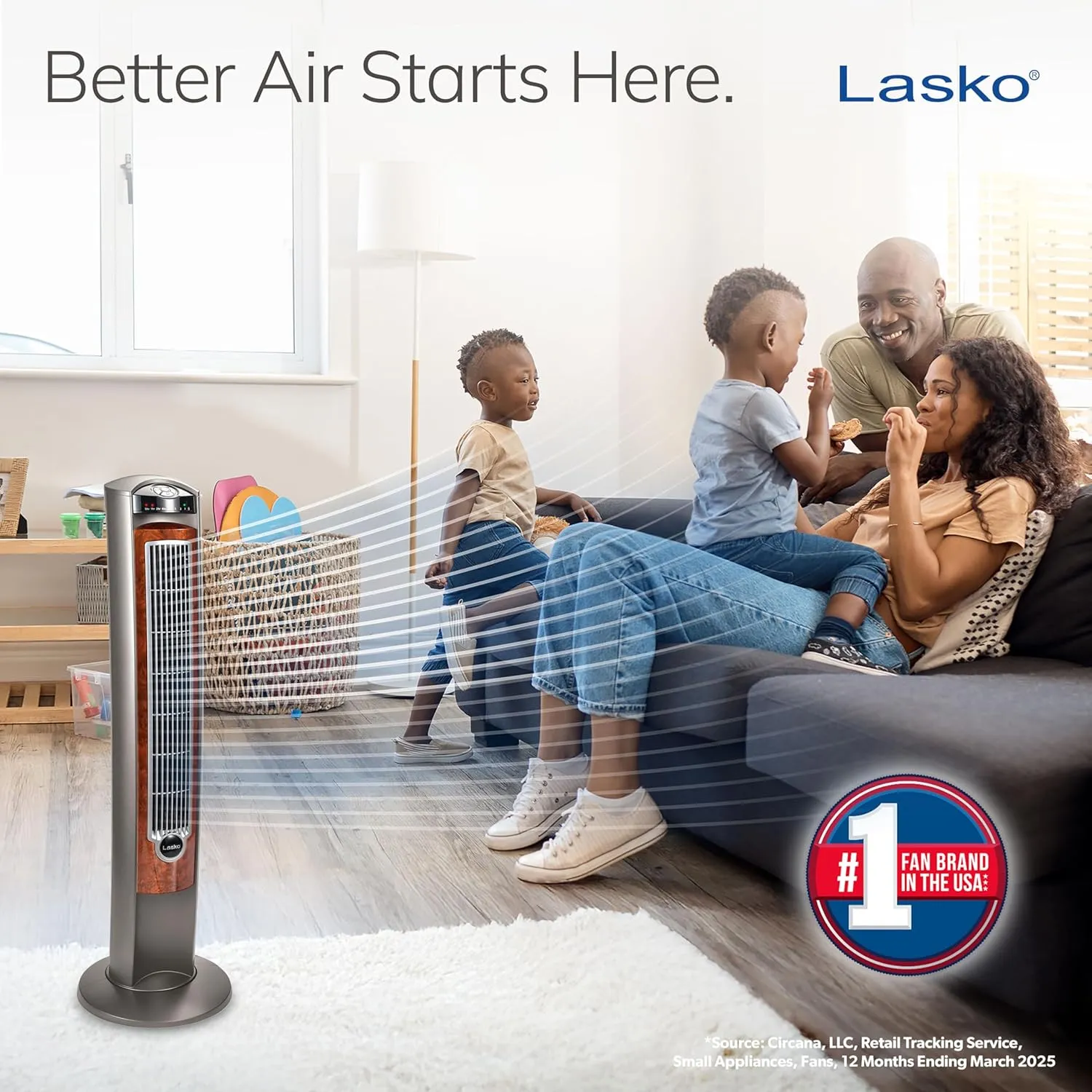 Lasko Oscillating Tower Fan, Nighttime Setting, Remote Control, Portable, Timer, for Bedroom, Home and Office, 3 Quiet Speeds, 42.5", Silverwood, T42954, woodgrain and grey