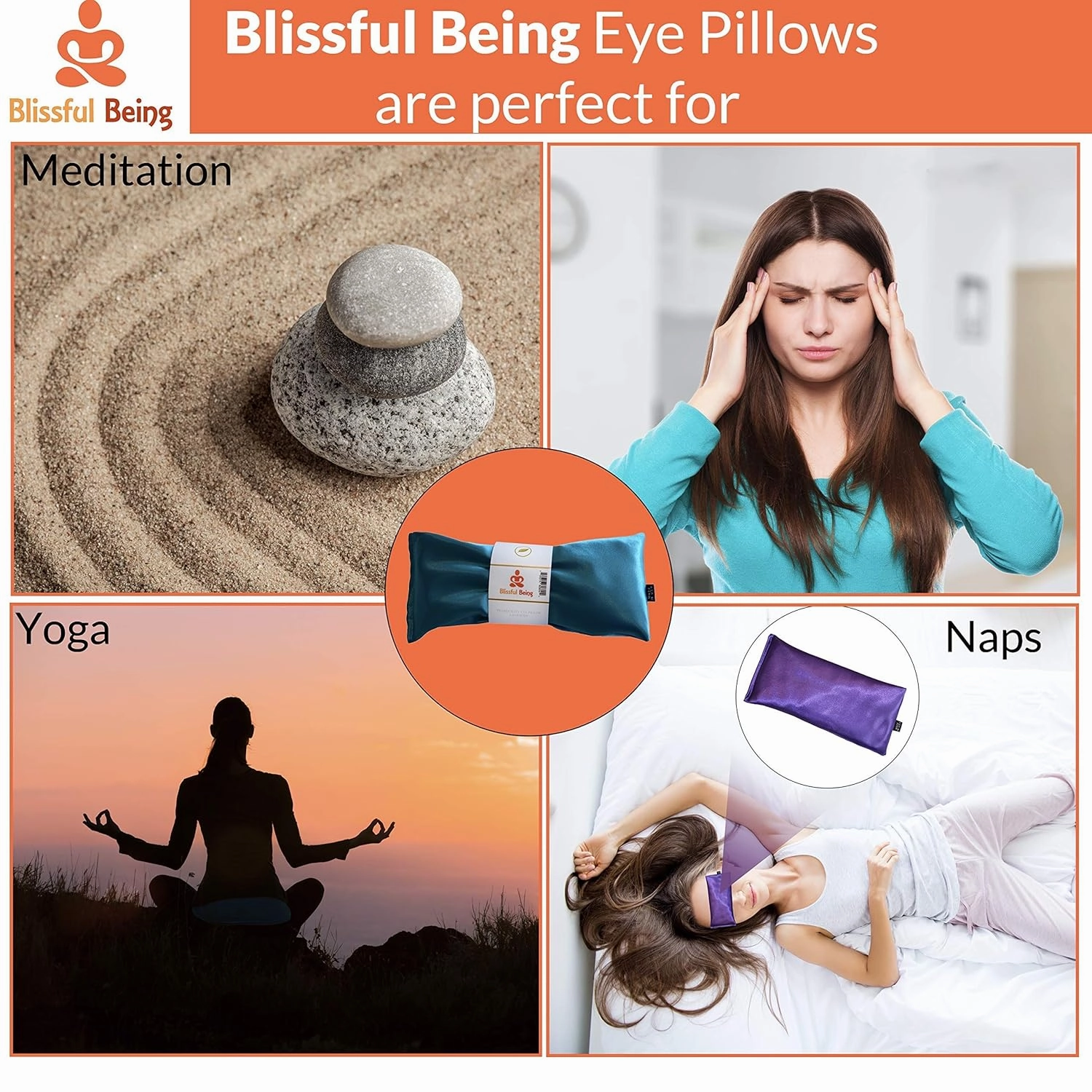 Lavender Eye Pillow with Purple Satin Cover- Hot or Cold Aromatherapy Eye Pillow perfect for Naps, Yoga, Meditation - Natural Relaxation (Emerald with purple cover bundle)